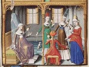 A group of virtuous women spinning, The City of God (MMW 10 A 11, fol. 69v), c. 1475-1480.JPG