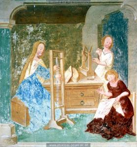 Mary at the loom from a fresco at the Church of St. Primus and Felicianus, Slovenia, 1504.JPG