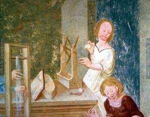 Mary at the loom from a fresco at the Church of St. Primus and Felicianus, Slovenia, 1504_1.JPG