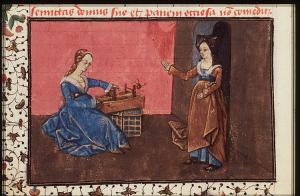 Arachne boasts to Minerva about her weaving, The Epistle of Othea (KB 74 G 27, fol. 59v), c. 1450-1475.JPG